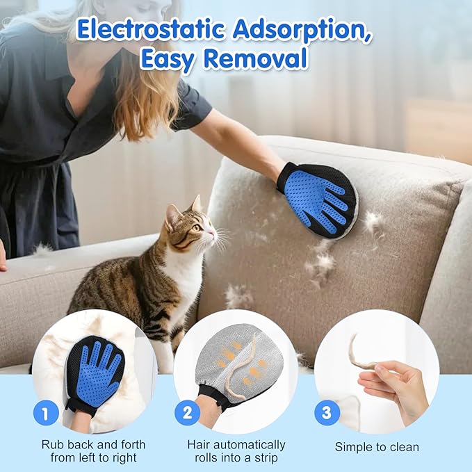 Pawaboo 2 Pack Pet Hair Removal Gloves, Dual-Side Electrostatic Hair Removal & Silicone Fur Brush for Dogs and Cats, Reusable Five-Finger Pet Fur Grooming Glove for Couch Carpet Clothes, Blue & Grey