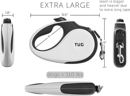 TUG XL 360° Tangle-Free Retractable Dog Leash with Anti-Slip Handle | 26 ft Strong Nylon Tape | One-Handed Brake, Pause, Lock (Extra Large, White)