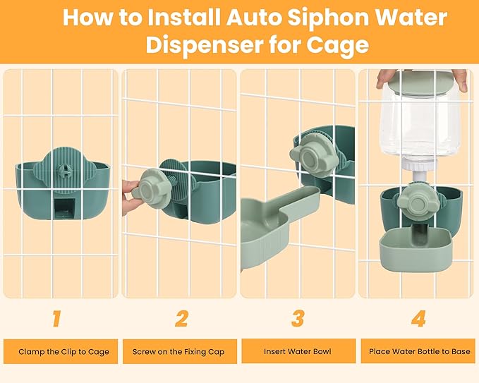 Automatic Replenish Pet Waterer, 1L Capacity Auto Siphon Gravity Cage Hanging Water Dispenser Set for Dog and Cat Small Animals, Removable Pet Water Bottle Water Container (Waterer, Green1)