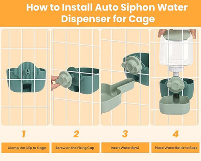 Automatic Replenish Pet Waterer, 1L Capacity Auto Siphon Gravity Cage Hanging Water Dispenser Set for Dog and Cat Small Animals, Removable Pet Water Bottle Water Container (Waterer, Green1)