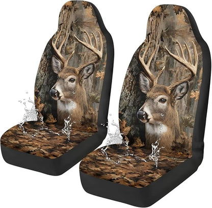 Waterproof Front Seat Covers Easy Installation Camo Deer Hunter Car Seat Covers Set of 2 Stretch Polyester Fabric Cover Car Interior Accessories Universal Fit Most Cars,SUV, Trucks