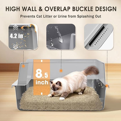 Stainless Steel Litter Box with Lid: Metal Cat Litter Box for Small Cats with Scoop, High Sided Kitty Litter Pan Tray, 17.4'' x 13.5'' x 8.5'',Non-Stick, Anti-Leakage, Easy Cleaning (Light Gray)