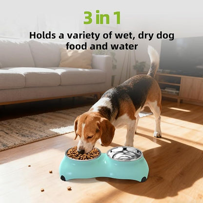 Stainless Steel Dog Bowls Set, Double Food & Water Bowls for Dogs, Dual Dog Food Bowl with 2 Small (4oz*2) Bowl, Non-Slip Pet Bowls Suitable for Puppies, Kittens and Small Breed Dogs (Green)