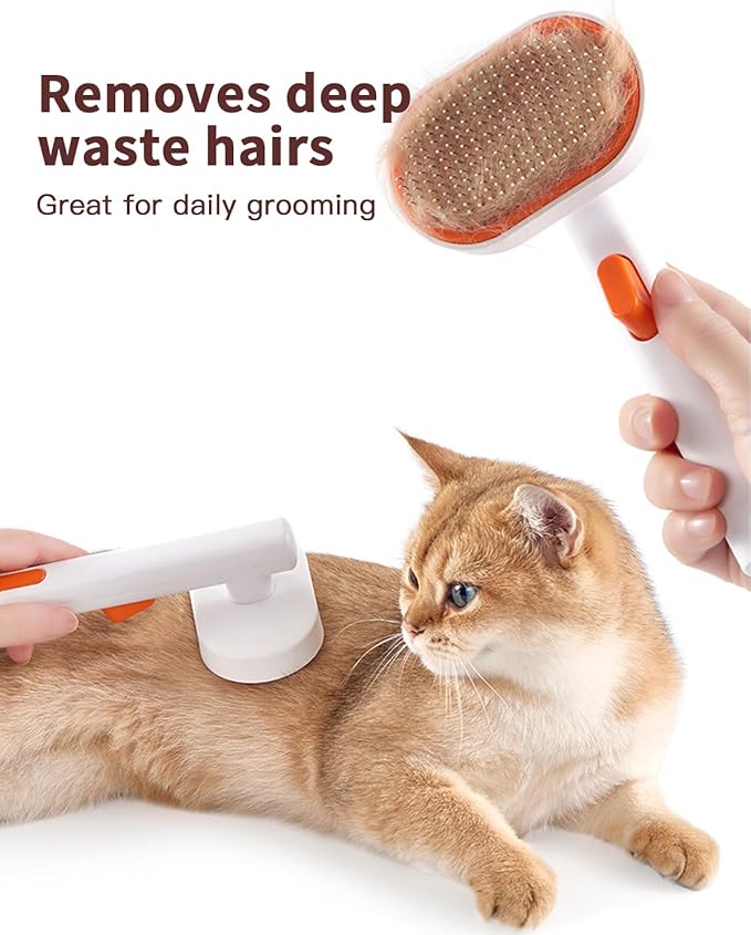 Cat Brush with Release Button, Self Cleaning Slicker Cat Hair Brush for Cat, Dog, Rabbit, Pig, Indoor Pet Hair Shedding Tool Stainless Steel Bristle Soft Rubber Tips, Orange