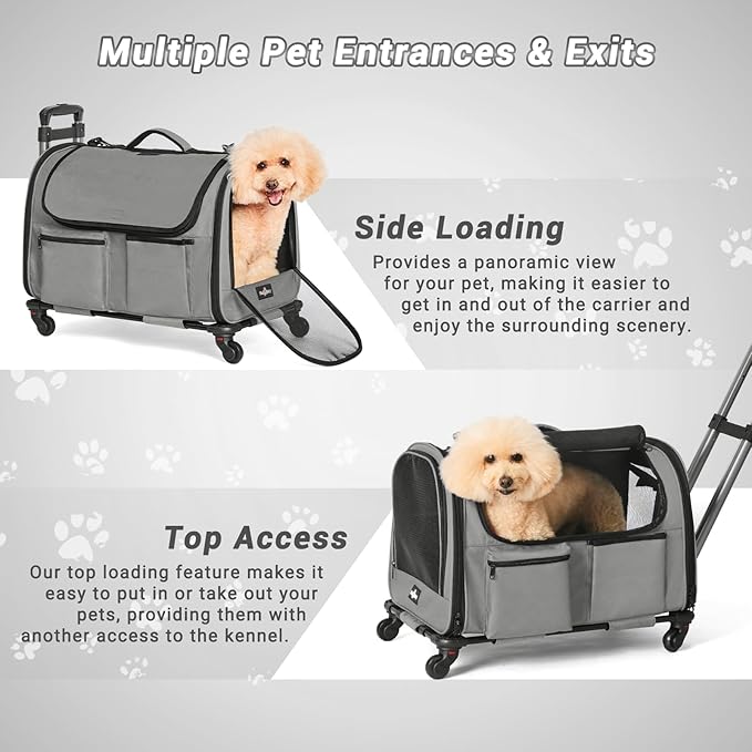 Large Pet Carrier with Wheels, Foldable Rolling Dog Carrier with Big Pocket, Cat Rolling Bag 21"x13"x13" for 2 Cats &Dogs, for Travel, Outdoor, Vet Visits, Camping, Indoor. Gray. (Not for Airline)