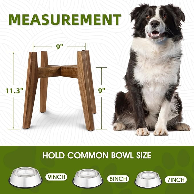 Elevated Dog Bowl Stand for Medium & Large Dogs, 11" Tall Raised Dog Bowl Stand Fits Up to 9" Bowls, Solid Acacia Wood Dog Bowl Holder, Single Elevated Dog Feeding Station (Stand Only)