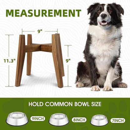 Elevated Dog Bowl Stand for Medium & Large Dogs, 11" Tall Raised Dog Bowl Stand Fits Up to 9" Bowls, Solid Acacia Wood Dog Bowl Holder, Single Elevated Dog Feeding Station (Stand Only)