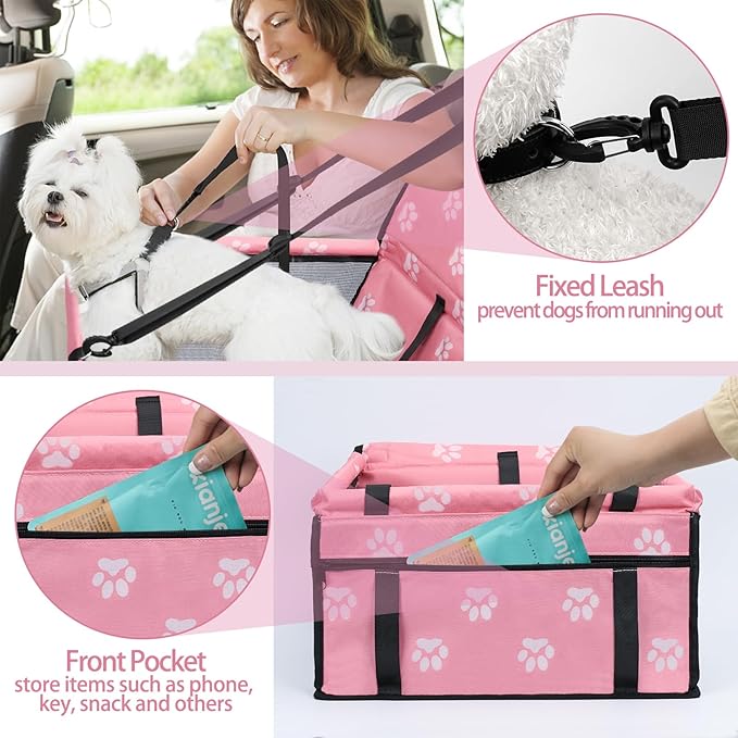 PetsHome Dog Car Seat Foldable Dog Car Booster Seat Waterproof Breathable Oxford Travel Bag for Small to Medium Dogs, Puppies, and Pets-Footprint Pink