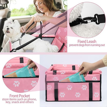 PetsHome Dog Car Seat Foldable Dog Car Booster Seat Waterproof Breathable Oxford Travel Bag for Small to Medium Dogs, Puppies, and Pets-Footprint Pink