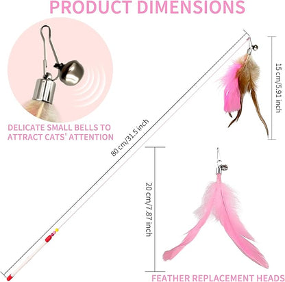 Cat Toys for Cats, Pink Teaser Wand with Natural Feathers, Interactive Toy with Replaceable Feather Head for Multi-Cat Homes, Perfect for Exercising, Training, and Preventing Furniture Damage
