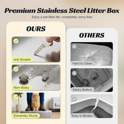 Stainless Steel Cat Litter Box with High Sided Lid, Metal Kitty Litter Box with Scoop for Small & Medium Cats, Anti-Urine Leakage, Easy to Clean, Non-Sticky, Grey