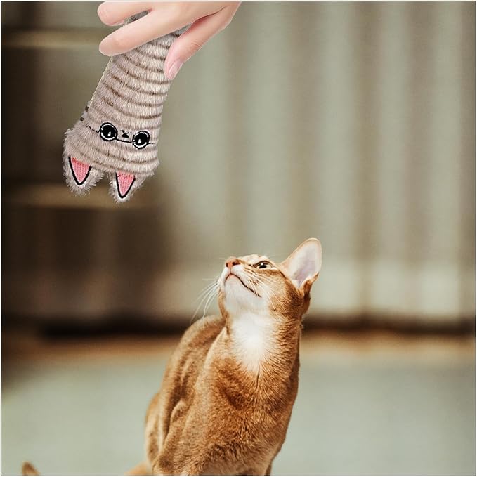 Andiker Catnip Toys for Indoor Cats,10.24inches Plush Toy for Cats with Crinkle Paper Inside,Fluffy cat Toy with Feather and 2 Scratcher (Grey)