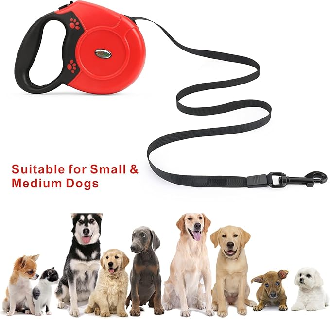 Idepet Heavy Duty Retractable Dog Leash for Small and Medium Dogs, Anti-Chewing Steel Chain 360 Degree Tangle-Free,Break and Lock System,16ft Leash for Dog Walking (Red, Flat Rope)