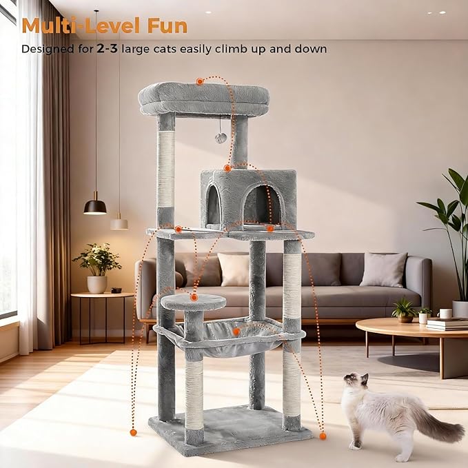 Cat Tree for Large Cats Adult with Metal Plush Big Hammock, 56.3" Cat Tower with 2 Door Condo House, 6-Tier Cat Shelves with Scratching Posts and Large Top Perch, Gray