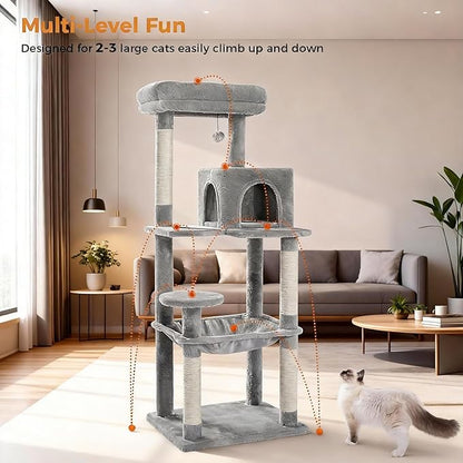 Cat Tree for Large Cats Adult with Metal Plush Big Hammock, 56.3" Cat Tower with 2 Door Condo House, 6-Tier Cat Shelves with Scratching Posts and Large Top Perch, Gray