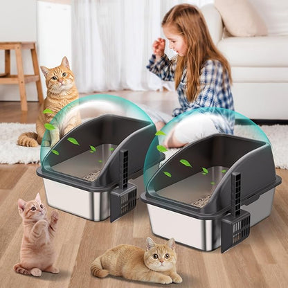 2PACK Stainless Steel Cat Litter Box,Large Litter Box with High Sides for Multiple Cats,Kittens,Metal Kitty Litter Boxes with Anti-Leak Lid,Non-Stick,Odorless,Easy to Clean,Scoop Included