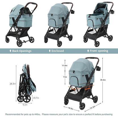 NO-Zip Pet Stroller for Small Dogs & Cats, Lightweight Dog Stroller with Reflective Safety Strips, One-Hand Fold, Claw-Proof Mesh, Breathable Travel Carriage, 33lbs Capacity, Light Blue