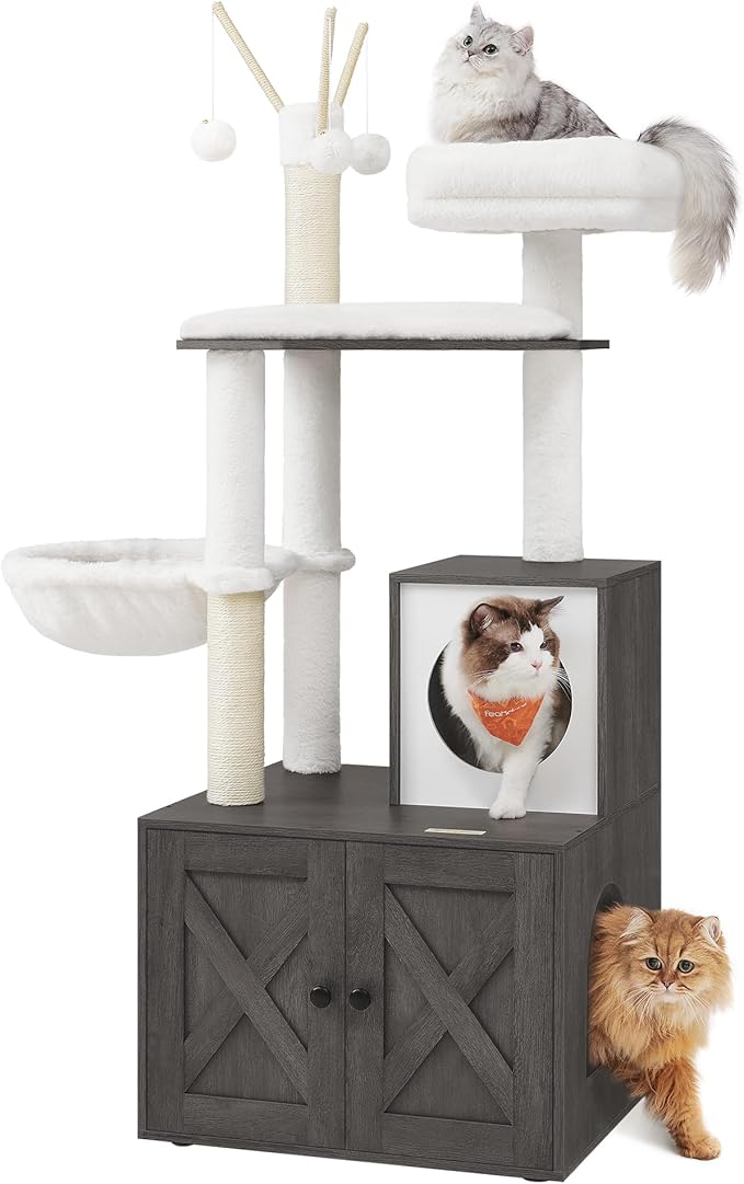 Feandrea Cat Tree with Litter Box Enclosure, 59-Inch Modern Cat Tower, 2-in-1 Condo with Scratching Posts, Washable Removable Cushion, Misty Gray UPCT113G02