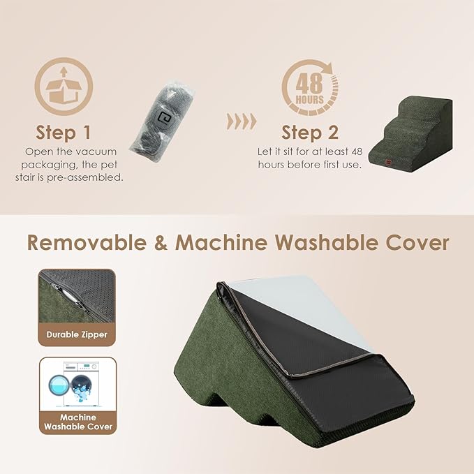 EHEYCIGA Curved Dog Stairs Ramp for Small Dogs 15.7" H, 3-Step Dog Steps for Couch Sofa and Chair, Pet Stairs for Cats, Non-Slip Balanced Pet Steps Indoor, Military Green