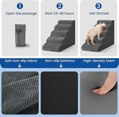 5 Step Dog Stairs for High Bed – Pet Steps for Small Dogs, Non-Slip Dog Ramp with Washable Cover, Pet Ladder for High Beds,Grey