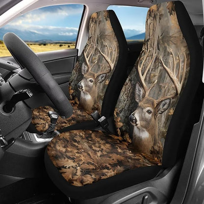 Waterproof Front Seat Covers Easy Installation Camo Deer Hunter Car Seat Covers Set of 2 Stretch Polyester Fabric Cover Car Interior Accessories Universal Fit Most Cars,SUV, Trucks