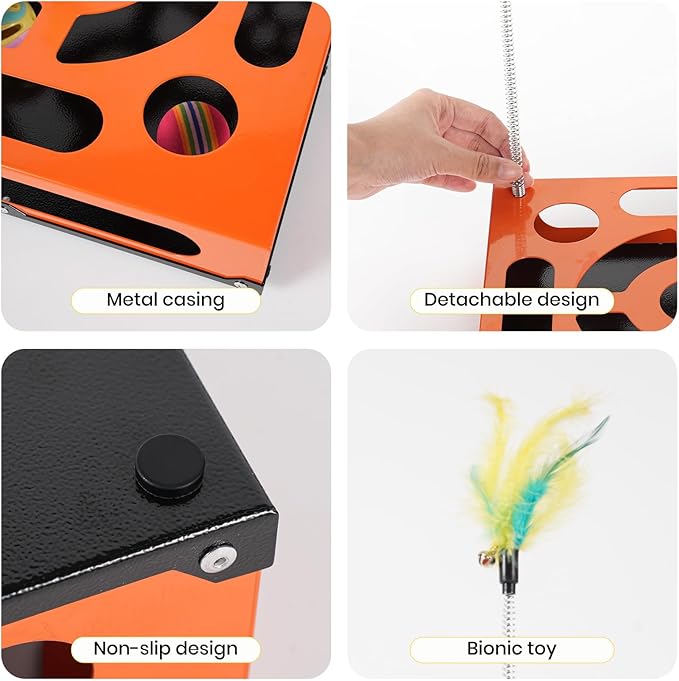 2026 New Metal Cat Scratch Puzzle Enrichment Box,cat Puzzle, 1 Spring-Loaded Colorful Feather Stick with a Bell,No Assembly Required, All Cats Indoor Play Toy