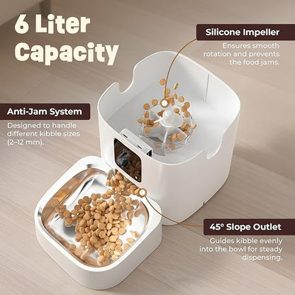 TailTeddy Automatic Cat Feeder with Dual Camera & AI Detection (6L), Smart Pet Feeder with WiFi App & Two-Way Audio, Timed Cat Feeder up to 6 Meals/Day, Stainless Steel Bowl & Battery Backup