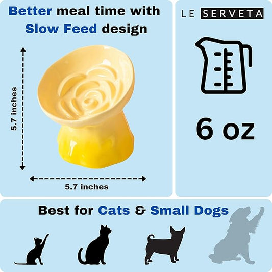 Elevated Ceramic Cat Bowl, Tilted Slow Feeder Pet Dish with Gradient Color Coating, 3.3 Ounces Capacity, Anti-Gulping Design with Rose Bouquet Design (Gradient Yellow)