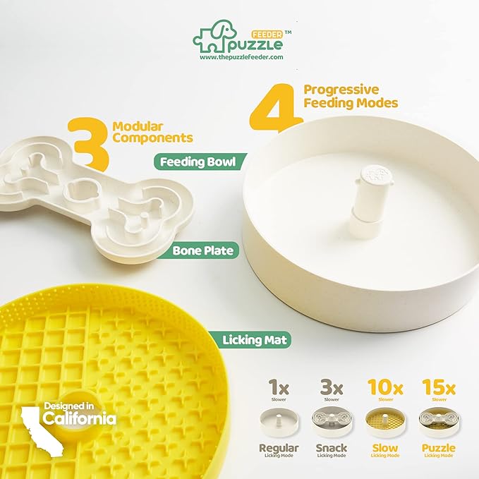 Puzzle Feeder Slow Feeder Dog Bowl, Yellow, 9.8 Inches, Nonslip, For Dry, Wet, and Raw Food, Fun and Healthy Mealtime Activity