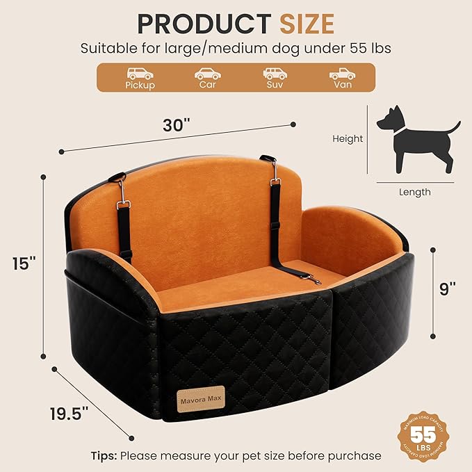 Dog Car Seat for Medium/Large Dogs, Memory Foam Dog Booster Seat with Thick Cushion up to 55 lbs or 2 Small Dogs, Travel Pet Car Seat with Detachable Washable Cover, 2 Safety Leashes (Black/Brown)
