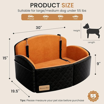 Dog Car Seat for Medium/Large Dogs, Memory Foam Dog Booster Seat with Thick Cushion up to 55 lbs or 2 Small Dogs, Travel Pet Car Seat with Detachable Washable Cover, 2 Safety Leashes (Black/Brown)