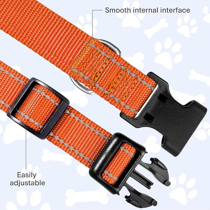 FunTags Reflective Dog Collar, Sturdy Nylon Collars for Small Girl and Boy Dogs, Adjustable Dog Collar with Quick Release Buckle, Orange