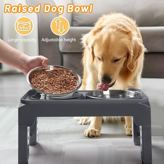 Hubulk Elevated Dog Bowls with 2 Stainless Steel Food & Water Raised Bowls with No Spill Edge Non-Slip Stand Adjusts to 5 Heights(3.2", 8.77", 9.9",11.1", 12.3")for Small Medium Large Dog and Pet Grey