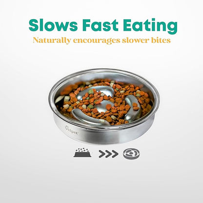 Stainless Steel Slow Feeder Dog Bowl with Absorbent Non-Slip Mat | Designed to Slow Eating | 304 Stainless Steel, Dishwasher Safe, Durable One-Piece Design for All Breeds