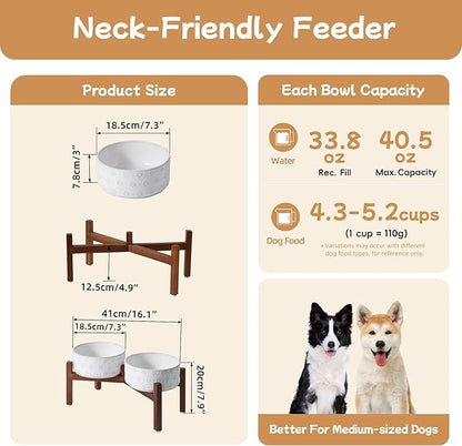 7.3inch Ceramic Raised Double Bowls Set with Acacia Wood Stand, Food & Water Bowls for Medium Breed Dogs, Weighted Dog Dishes, Pet Bowl(41OZ, Arctic White)