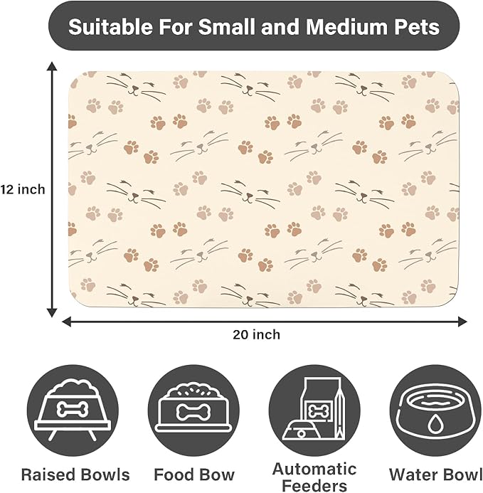Patterned Cat & Dog Bowl Mat for Food and Water, 12"×20" Quick Dry Absorbent Pet Feeding Mat, Eco-Friendly Dog Placemat