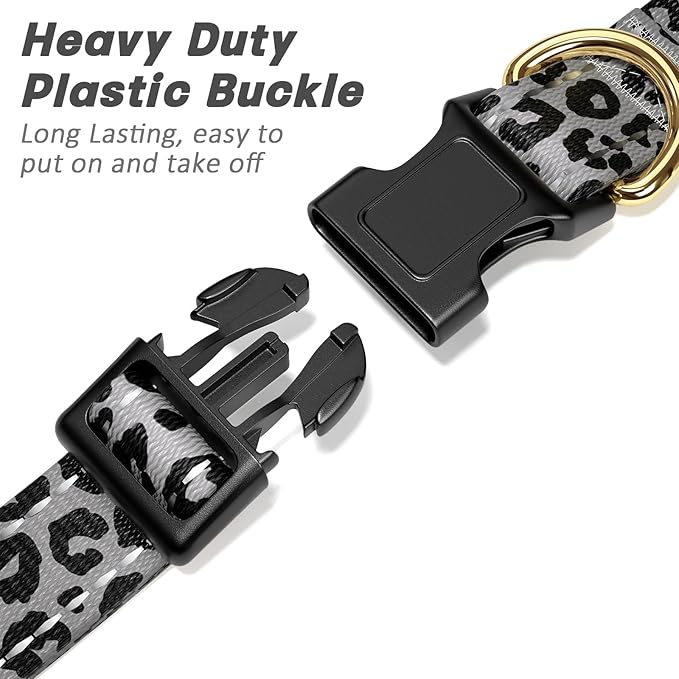 Reflective Dog Collar for Large Dogs, Cute Leopard Style Adjustable Heavy-Duty Nylon Puppy Collar for Boy and Girl Female, Soft Pet Accessories with Quick Release Buckle, Gray