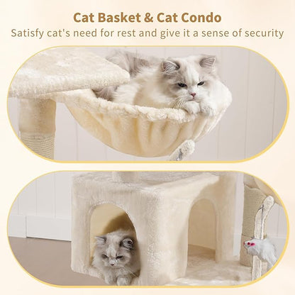 Heybly Cat Tree with Toy, Cat Tower Condo for Indoor Cats, Cat House with Padded Plush Perch, Cozy Hammock and Sisal Scratching Posts, Beige HCT004SM