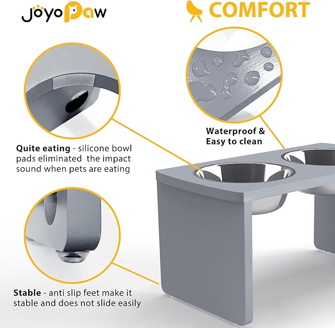 Elevated Dog Bowls, Bamboo Raised Dog Bowl for Large Dogs & Medium Dogs, with 2 Stainless Steel Bowls (10'' Tall–48 oz Bowl, Grey)