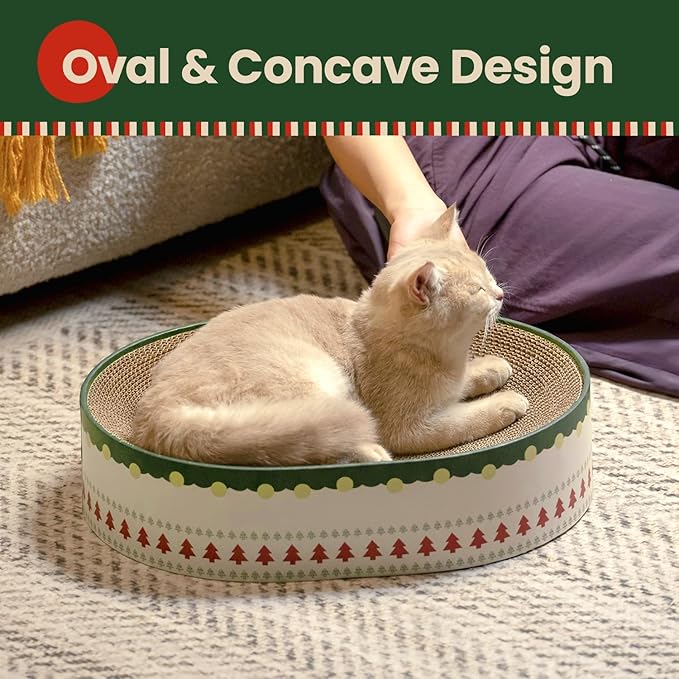 Cat Scratcher Bed, 2 in 1 Oval Cat Scratching Board for Indoor Kitty Scratch Pad Corrugated Cardboard Lounge Bowl Nest Couch Sofas for Kittens, Includes Cat Toy, Christmas