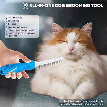 Grooming Comb for Dogs and Cats with Long & Short Stainless Steel Metal Fine Teeth for Detangling Matted Hair - Pet Detangler Comb for Removing Tangles, Knots, Loose Fur from The Undercoat