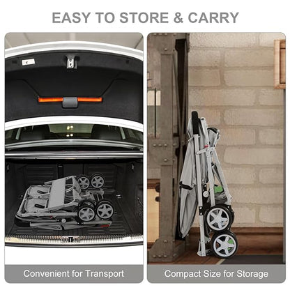 Double Pet Stroller for 2 Small Dogs & Cats, Side-by-Side Twin Travel Carriage with Safety Leashes, Mesh Windows & Double Storage Baskets, Lightweight & Foldable, 44lbs Capacity, Gray