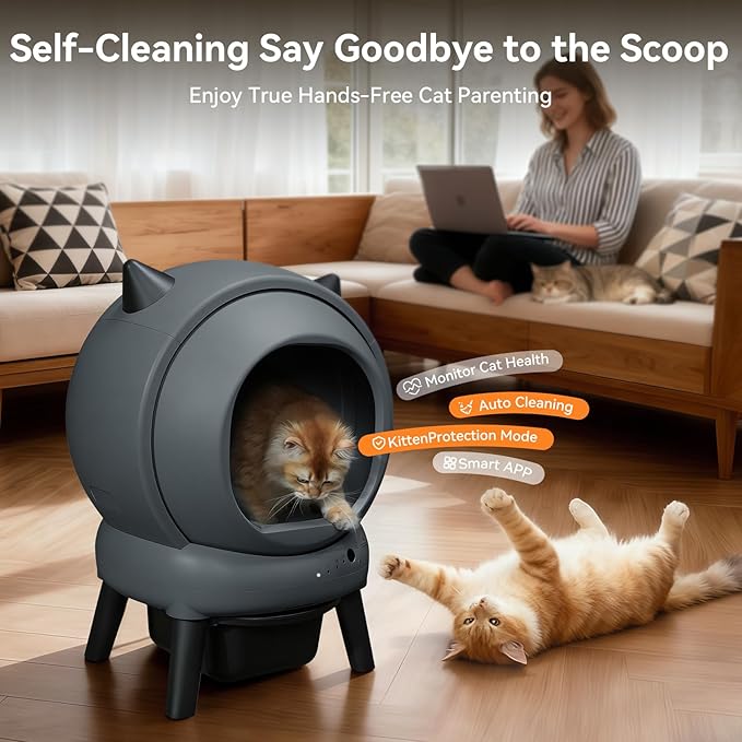 Self Cleaning Litter Box - E2 Automatic Cat Litter Box Smart Robot, APP Control,Weight Monitoring - Ultra-Quiet, for Medium Cats and Kittens, Safe Anti-Pinch Litter Box(Grey)