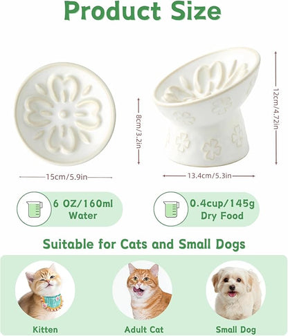 TRUVIC Ceramic Slow Feeder Cat Bowl, 15° Tilted Elevated Cat Slow Eating Bowl for Neck Protection, Anti Vomiting Dog Slow Feeder, Whisker Friendly & No Black Chin for Cats and Small Dogs, Jun Blanc