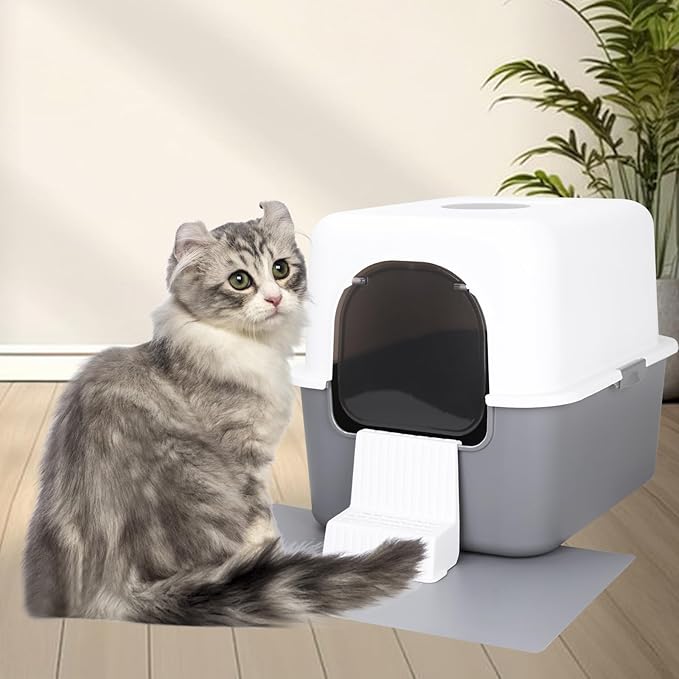 Sfozstra Cat Urine Litter Box with Pedal, Fully Enclosed Leak-Proof for Small Cats Under 8 IB, High Edge and Odorless, Easy to Carry and Clean (Grey with Handle, S)