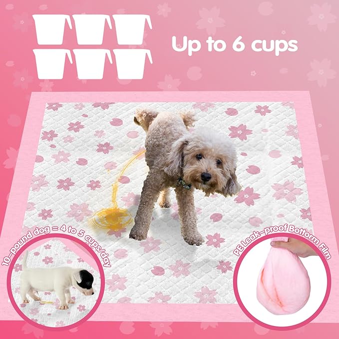 Pink Puppy Pads, 50 Count Cute Dog Pee Pad with Adhesive Tabs for Potty Training, Pink Cherry Blossom Design, Leak-Proof Quiky-Dry Pads for Puppies, Dogs, Cats, Rabbits(23x23in Super Absorbent)