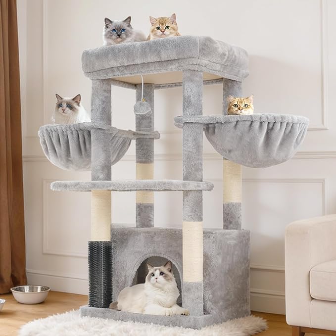 Hey-brother Cat Tree Tower with Extra Large Platform, Spacious Condo, 2 Cozy Hammocks, Self-Grooming Brush, Sisal Scratching Posts for Big Indoor Adult, Maine Coon, 35.4 Inches, Light Gray MPJ060W
