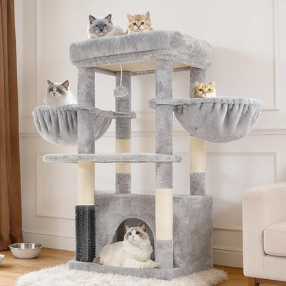 Hey-brother Cat Tree Tower with Extra Large Platform, Spacious Condo, 2 Cozy Hammocks, Self-Grooming Brush, Sisal Scratching Posts for Big Indoor Adult, Maine Coon, 35.4 Inches, Light Gray MPJ060W