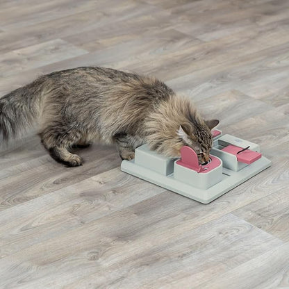 TRIXIE Cat Activity Poker Box Strategy Game – Interactive Puzzle Toy with 4 Modules – Treat Puzzle Feeder for Mental Stimulation & Slow Feeding – Pink/Gray, 12.2 x 12.2 x 2.5 in