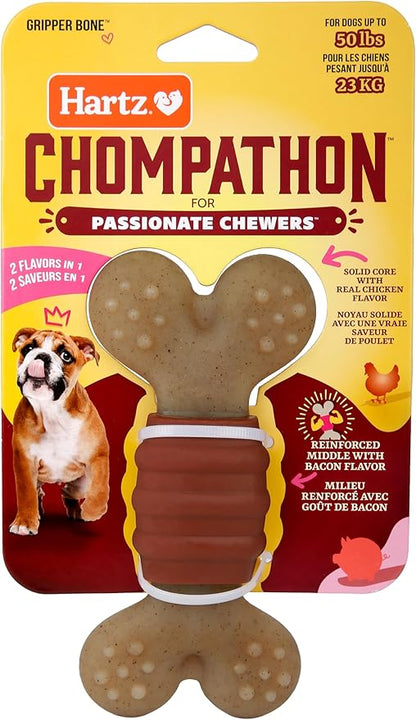 Hartz Chompathon Gripper Bone Dog Chew Toy for Aggressive Chewers, Double Layered Flavored with Chicken & Bacon